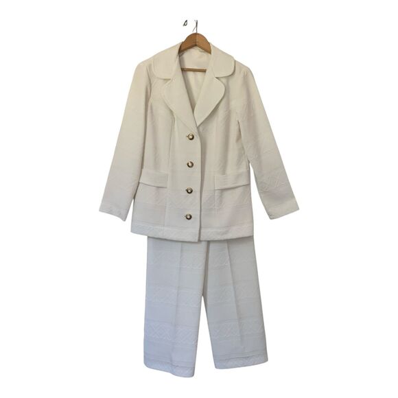 Vintage 70s 3 Piece Suit Women's SZ 12 Winter White Polyester Jacket Skirt Pants - Picture 2 of 16